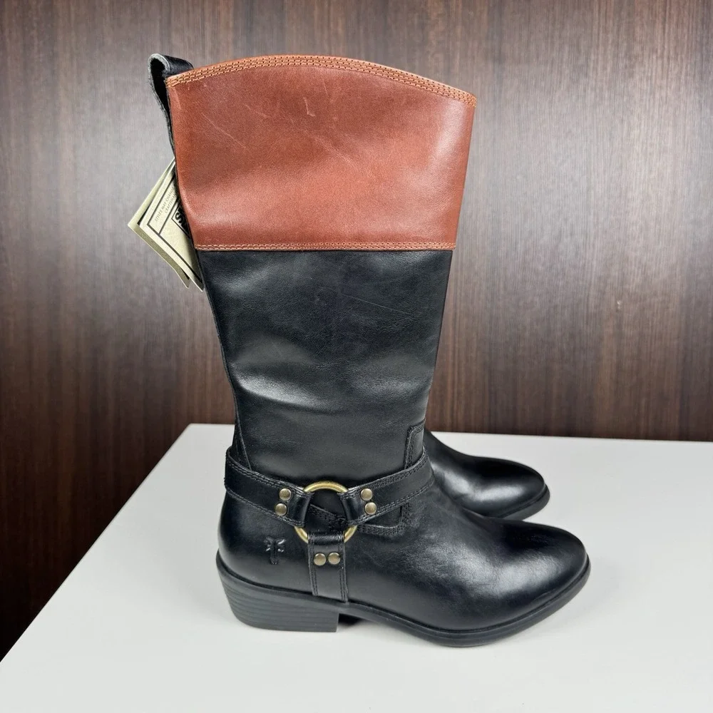 Frye Boots Girls Black Brown Leather Melissa 2 Tone Harness Zip Riding Youth 3.5